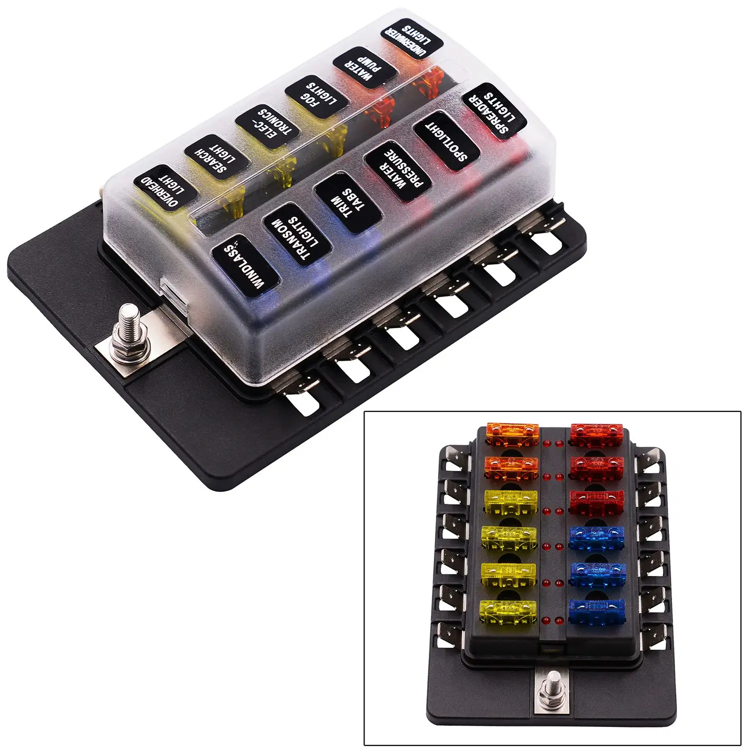 12 Way Spade Terminal Blade Fuse Box Holder with LED Light Kit for Car Boat Marine Trike Automotive DC 32V Auto 1 In 12 Out 12 Way Spade Terminal Blade Fuse Box Holder with LED Light Kit for Car Boat Marine Trike Automotive DC 32V Auto 1 In 12 Out