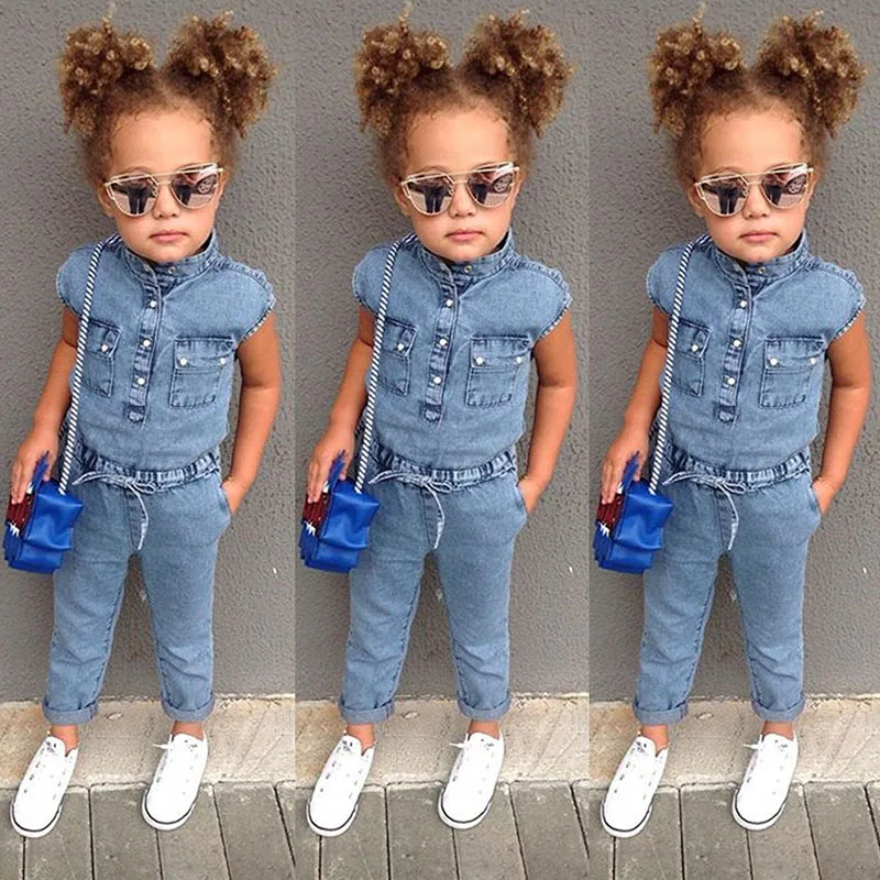 Baby Girls Jeans Denim Rompers Kids Toddler Summer Cotton Belt Button