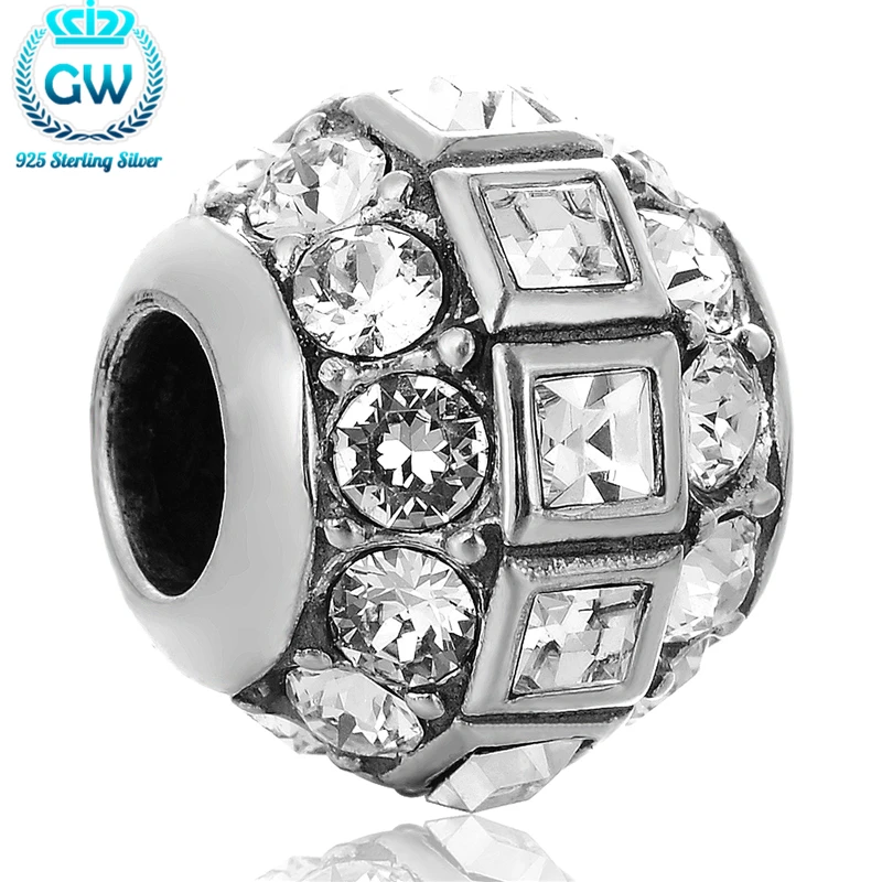 

Sterling-Silver-Jewelry Ball Charm With Crystal Stone Fit Bracelet Bangle European 2016 Charms Jewelry GW Brand X246