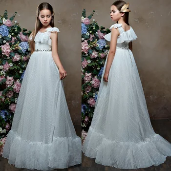 

Girls Tulle Flutter Sleeves Flower Girl Dress Pleated High-waisted Princess Pageant Birthday Wedding Party Maxi Dress