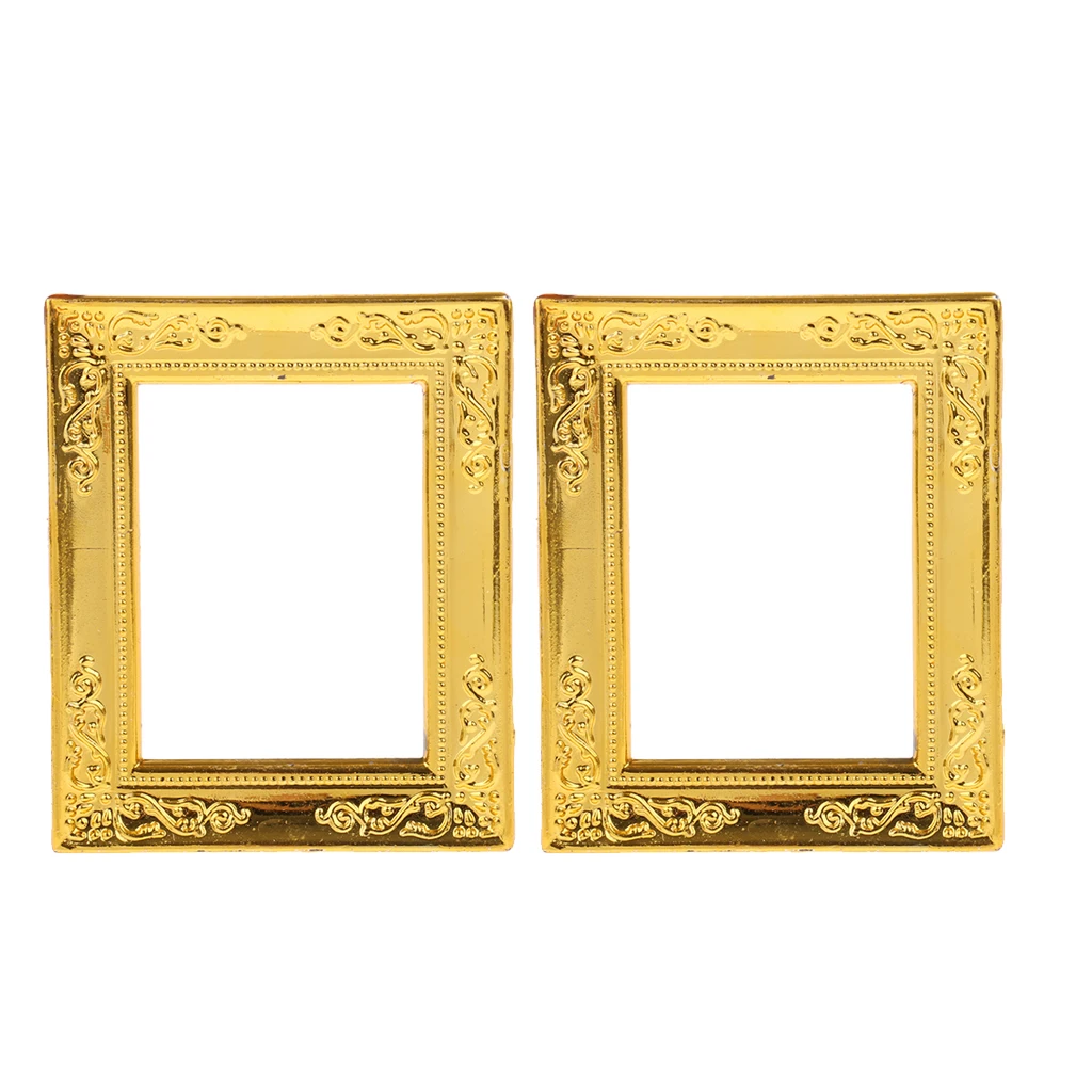 2Pieces 1/12 Scale Gold Photo Frame Rahmen Dollhouse Miniature Rooms Wall Decor