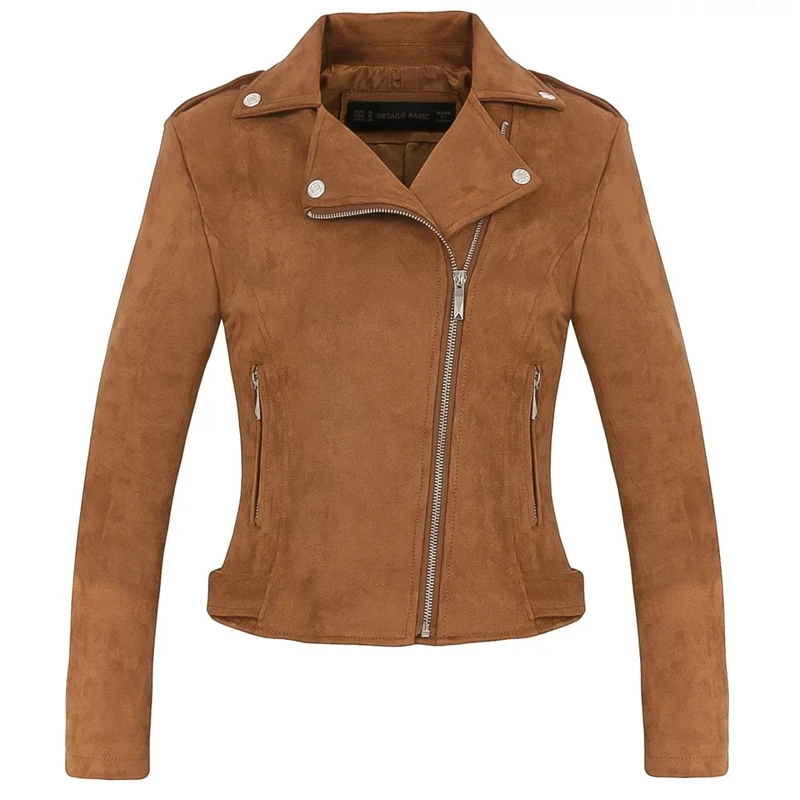 Женская Осенняя зимняя замшевая куртка из искусственной кожи, женская модная матовая мотоциклетная куртка, Байкерская коричневая верхняя одежда на молнии