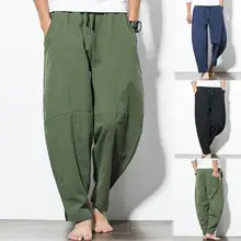Pantalon Long confortable en lin et coton pour homme, ample, couleur unie, avec poches, jambes larges