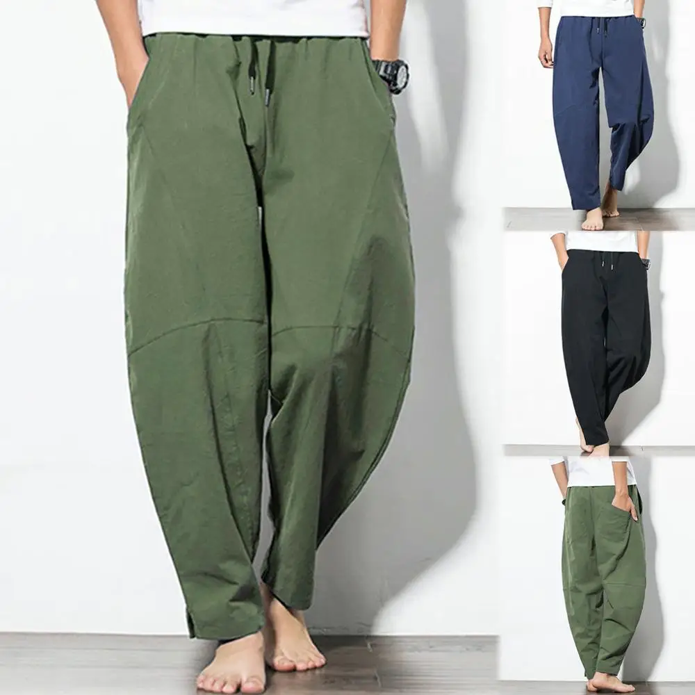

Men's Casual Fashion Loose Cotton Linen Pure Color Pocket Comfort Long Pant