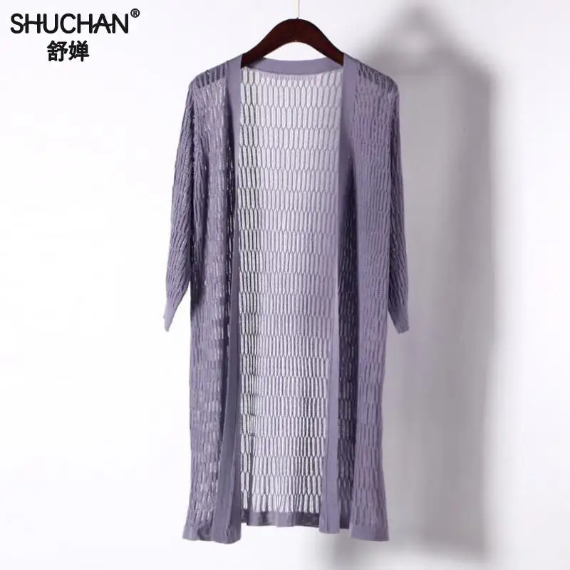 

Shuchan Summer Linen Long Cardigans Women Computer Knitted V-neck 3/4 Sleeve Solid Thin Cardigan Feminino 2019 New Hollow Out