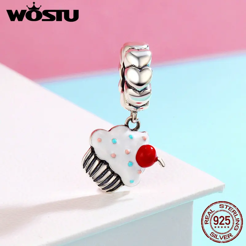WOSTU Genuine 925 Sterling Silver Cupcake As Element Colorful Enamel Charm fit original WST Bracelet DIY Jewelry Gift DXC350