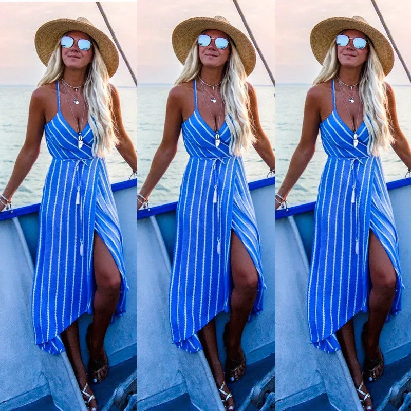 

Ladies Striped Dress Sleeveless V Neck Women Summer Dress Lace Up High Waist Split Dress Women Casual Loose Party Sundress