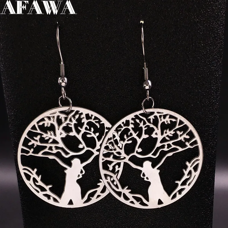 

2019 Fashion Silver Color Stainless Steel Women Earrings Round Tree of Life Drop Earrings Jewelry pendientes grandes E612521