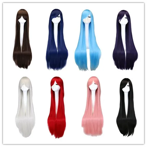 

QQXCAIW Long Straight Cosplay Black Purple Black Red Pink Blue Dark Brown 100 Cm Synthetic Hair Wigs