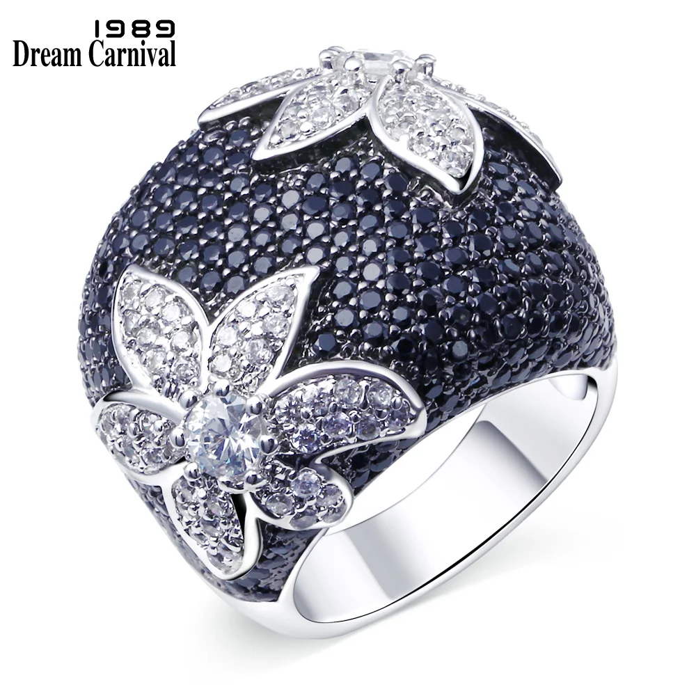 

DreamCarnival1989 Big Flower Ring for Women Wedding Party Contrast Statement Jewelry Rhodium Gold-color Black Clear CZ SJ09403JT