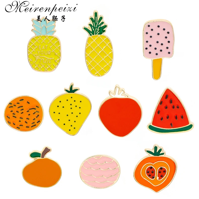 

Meirenpeizi Enamel Pins Cartoon Fruit Brooch for Women Gift Jackets Lapel Denim Badge Lemon pineapple Strawberry Cake Kids pins