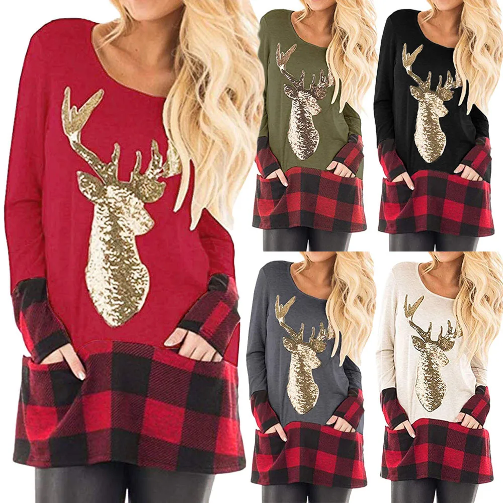  Christmas Women T shirt Tops Fashion Casual Plaid Splice Reindeer Sequined Decorative Ladies Autumn