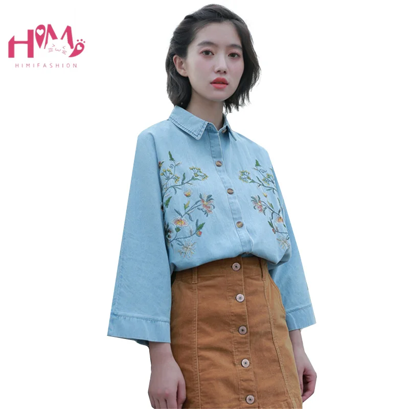 Mori Girl/Модная джинсовая синяя рубашка для женщин в Корейском стиле свободное с