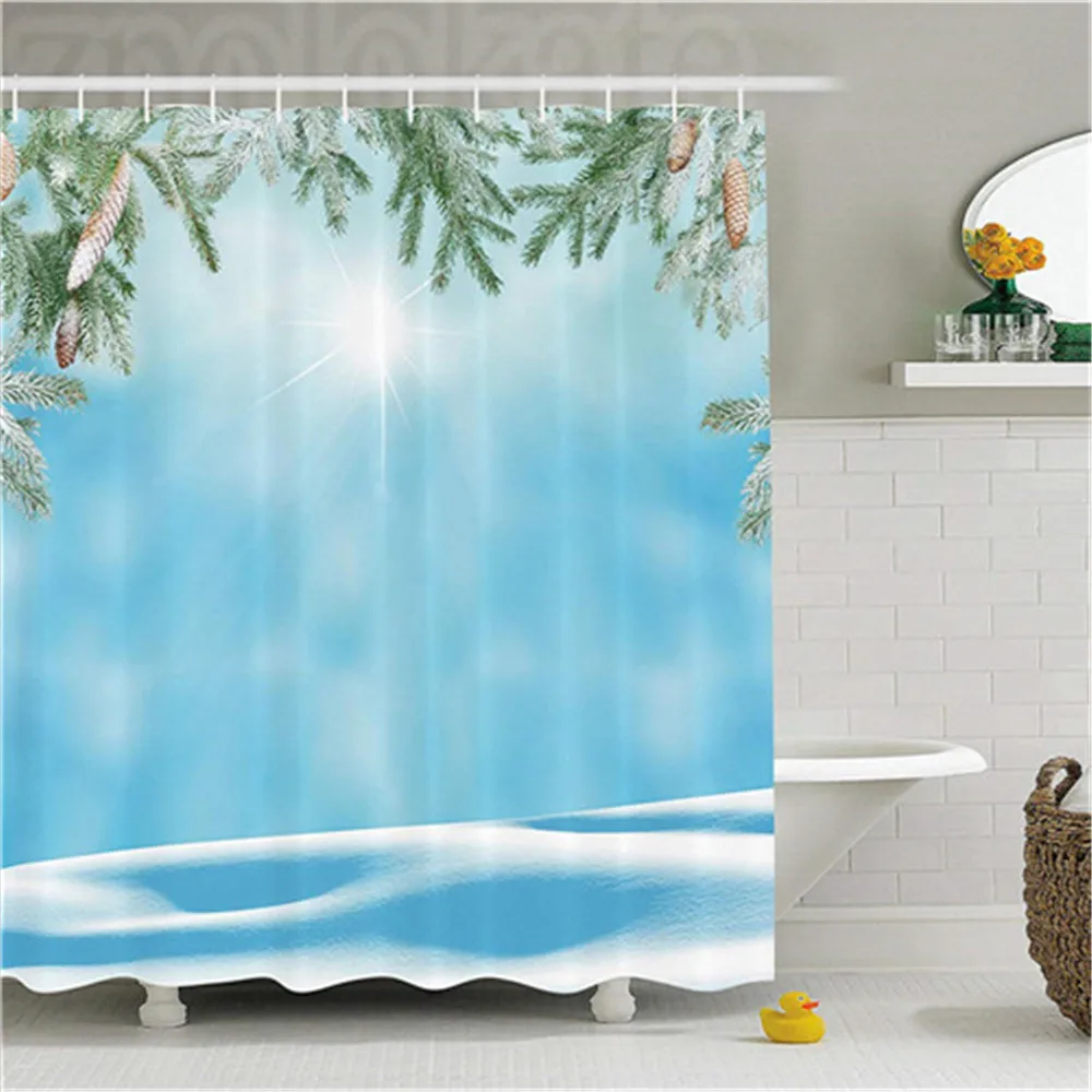 Winter Decorations Shower Curtain Hallucinatory Horizon from Distance with Morning Rays and Pine Image Bathroom Decor Set | Дом и сад