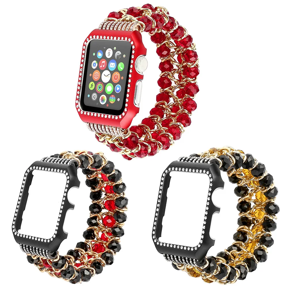 

Crystal strap with frame band for Apple watch series 3 2 1 Handmade Beaded Elastic Bracelet Replacement Wrist Strap 38MM 42MM