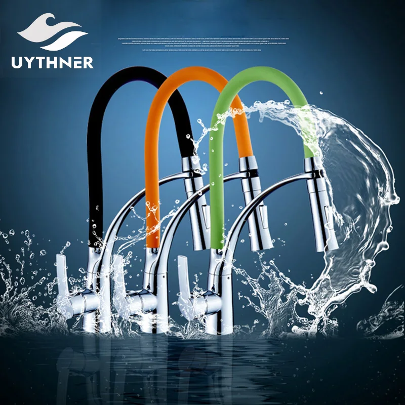 

Uythner Chrome Finished w/ Three Color Hose Pull Out Kitchen Faucet Deck Mounted Mixer Tap
