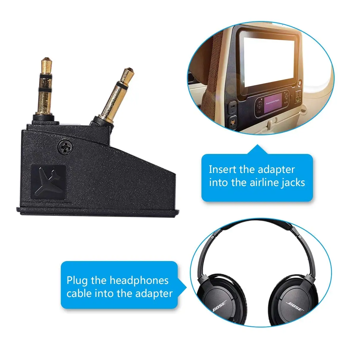 2 Pack Generic Airline Airplane Flight Headphone Adapter Converter for Bose QC2 QC3 QC15 QC20 QC25 AE2 Headphones
