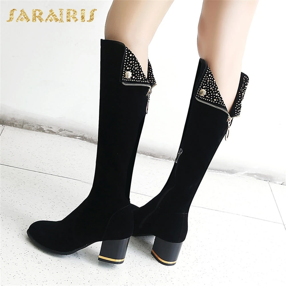 

SARAIRIS 2018 Best Quality Hot Sale plus Size 32-43 Zip Up Shoes Women Mid Calf Boots Square High Heels Winter Boots Woman Shoes