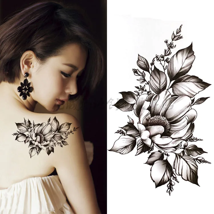 أسود وردة كبيرة زهرة الفن الجسم للماء المؤقتة مثير الوشم للمرأة فلاش لصاقات وشم 10*20 سنتيمتر KD1139