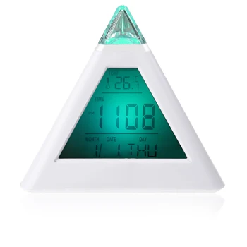 

Hot 7 LED Color Changing Pyramid Digital LCD Snooze Alarm Clock Triangle Thermometer C/F relogio de mesa reloj despertador