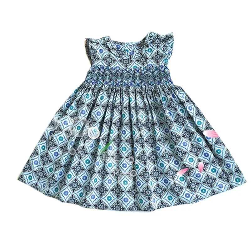 

New Summer Kids Blue Pattern Flare Sleeve England Handmade Smocking Belt Bowknot Girls 3-7yrs Princess Vest Lolita Dresses