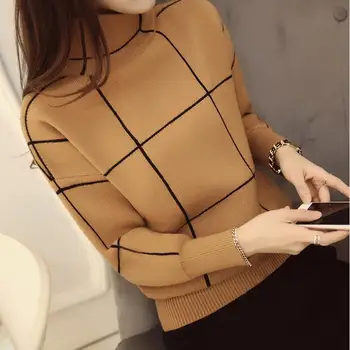 

Turtleneck Sweater Women Fashion 2019 Autumn Winter Plaid Slim Casual Tops Femme Knitted Pullovers Long Sleeve Jumper Sweater