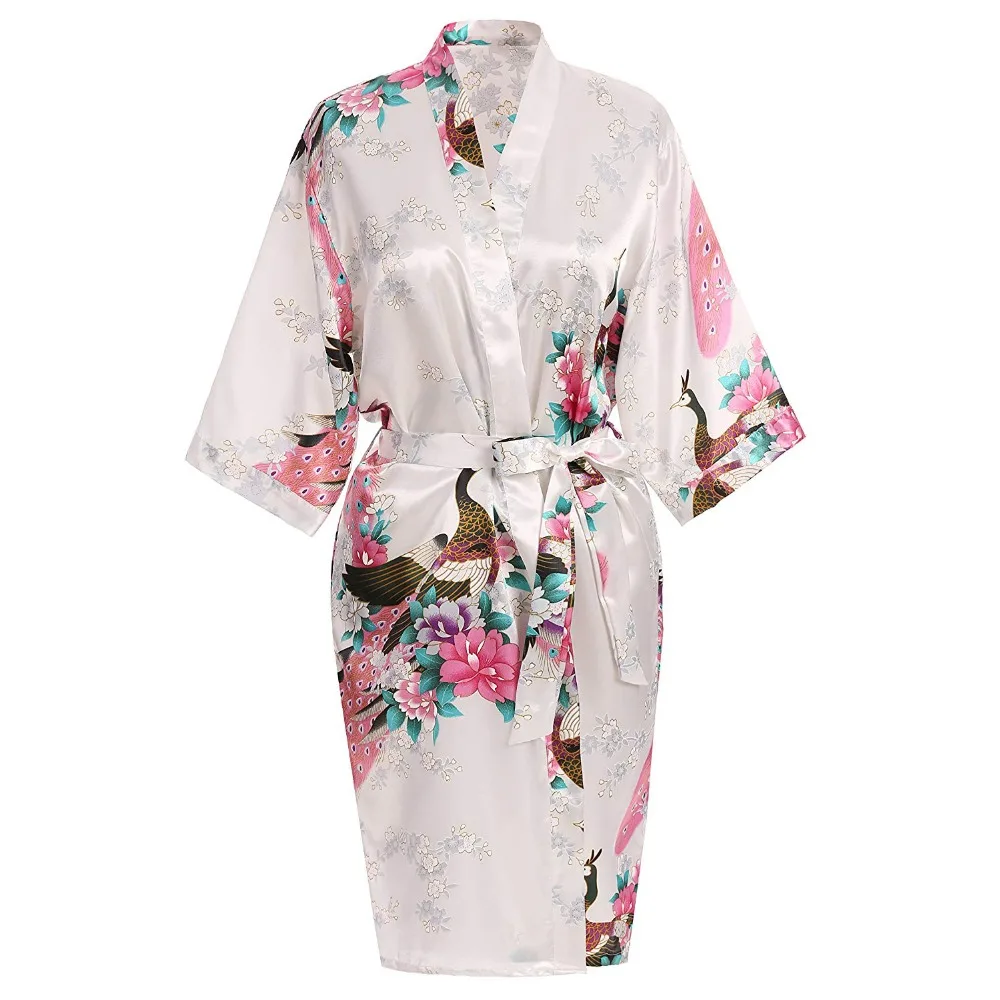 

Plus Size 3XL Women New Printed Satin Home Robe Sexy Peacock Rayon Sleepwear Mini Kimono Robes Gown White Bride Wedding Gowns