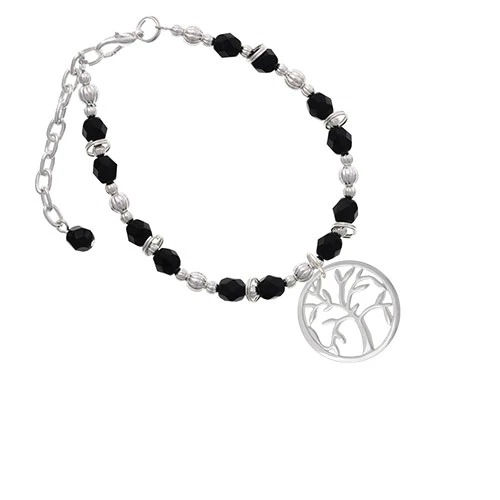 Silvertone Tree of Life in Circle Black Beaded Bracelet