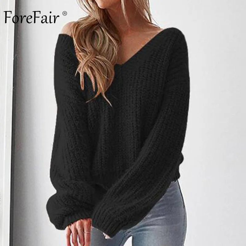 Forefair V Neck Knitted Sweater Women Yellow White Oversized Backless Long Sleeve Sexy Sweater Winter 2018 Knitwear