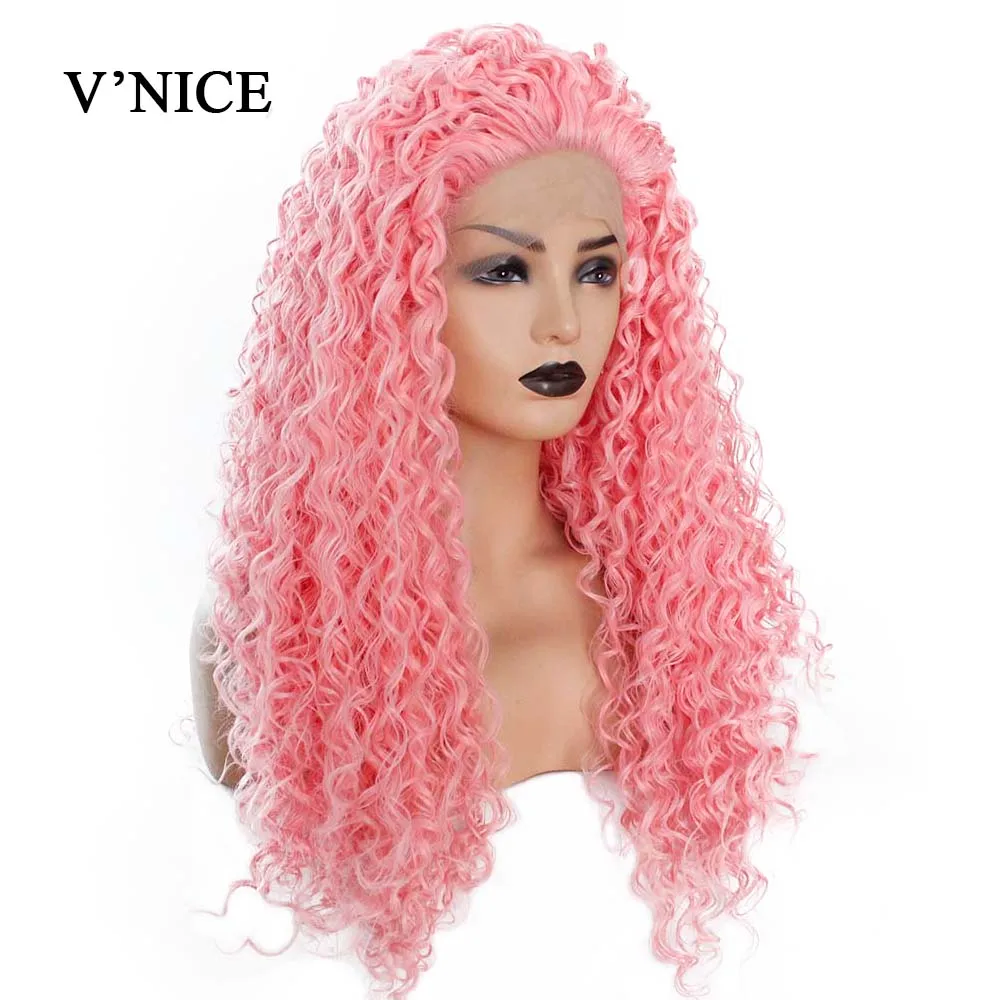 V'NICE Pink Synthetic Lace Front Wig Glueless Long Kinky Curly Wigs