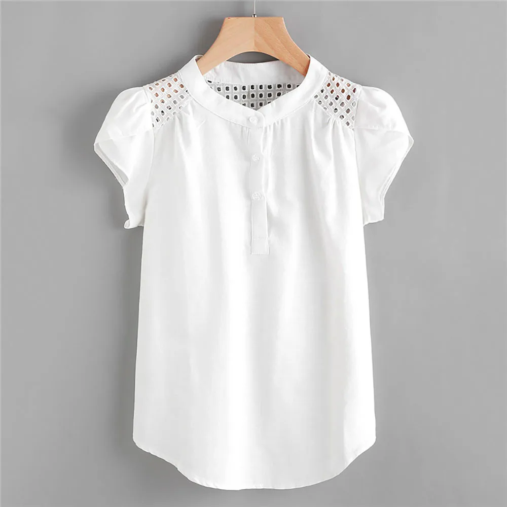 

Women White Blouse O-Neck Hollow Out Shirt Short Butterfly Sleeve Casual Tops blouse women womens tops and blusas mujer de moda