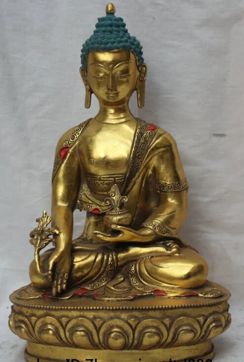 

13" Chinese Tibetan Buddhism Bronze Gold Medicine Buddha Medicinal God Statue