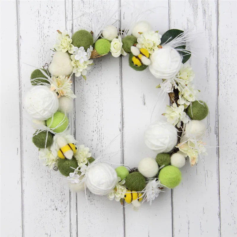 

25cm Handmade Green White Wool Felt Balls Garland Front Door Flower Wreath Home Party Decoration Business Kids Girls Gift DIY