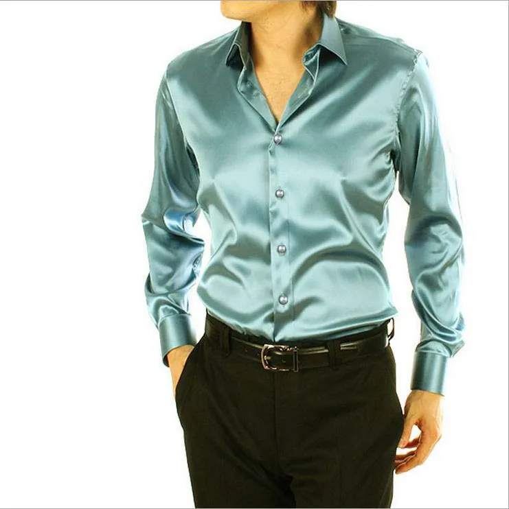 Мужская рубашка с длинными рукавами, повседневная, приталенная, из искусственного шелка, из вискозы, Мужская одежда, рубашки для свадьбы, смокинг, однотонная мужская одежда, бренды - Цвет: 20