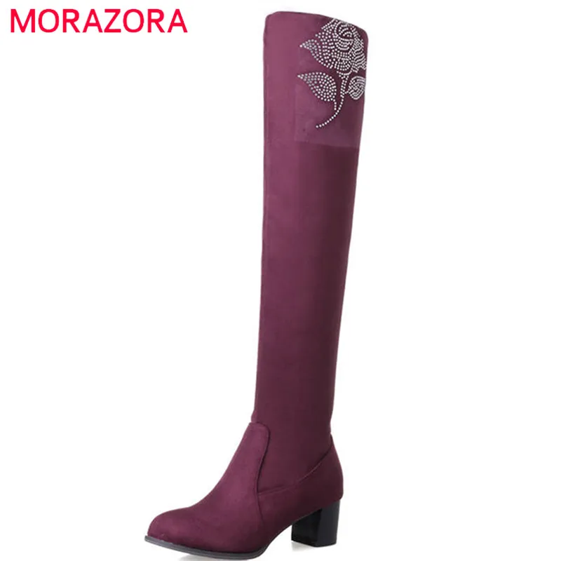 

MORAZORA 2020 new arrival boots women slip on simple thigh high boots flock elegant solid color high heels shoes long boots
