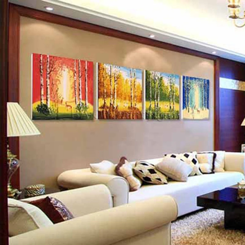 

Free Shipping Hand Painted Canvas Painting Four seasons scenery painting pure hand-painted European handpainted picture WK2088
