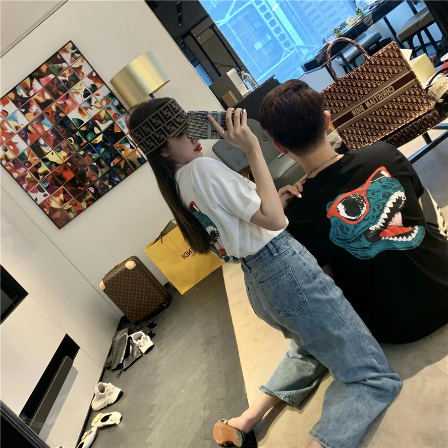 

2 colors 2019 spring and summer korean style cartoon letter print o neck short sleeve t-shirts womens tee shirt femme (R5560)