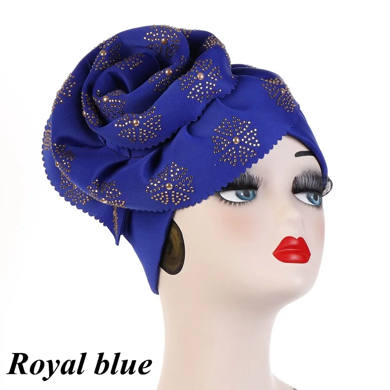 1 PC элегантный цветочный мусульманская шляпа Для женщин чалма-шапочка шапки Хемо блестящие Тюрбан Хиджаб бандана; повязка на голову крышка аксессуары для волос - Цвет: royal blue