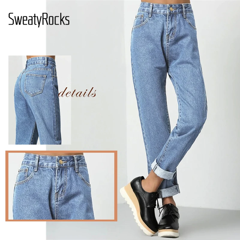 SweatyRocks Rolled Up Mom Jeans Streetwear Women Casual Loose Solid Pants And Trousers 2019 Spring Zipper Fly Basics Jeans