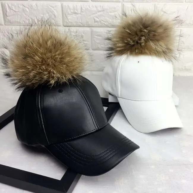 leather hat with pompom Leather Hat real leather  cap with fur pom pom baseball hat baseball hat with pom pom leather cap,fur hat
