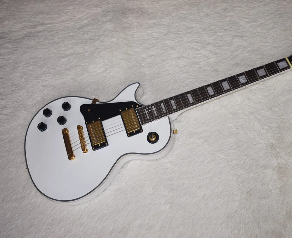 

Factory custom white left hand electric guitar with gold hardware, gold pickup, block Frets mosaic, white binding, customizable