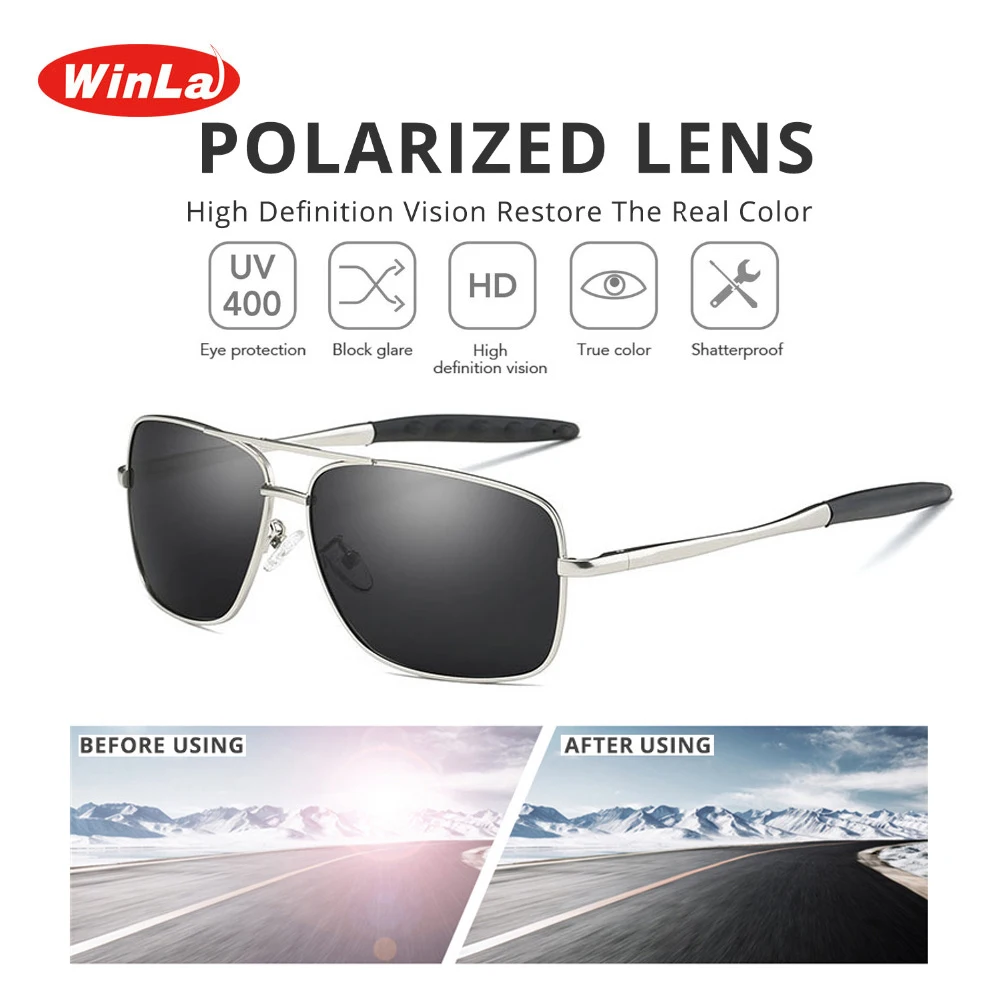 Winla Brand Design Classic Pilot Driving Polarized Sunglasses Men Eyewear Square Metal Frame Vintage Male Oculos UV400 WL8021