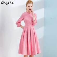 Onlyplus Mulheres de Algodão Rosa Vestido de Alta Qualidade Vestidos de Festa Elegante Fino Outono Novo Botão do Projeto Doce de Moda Feminina Vestidos