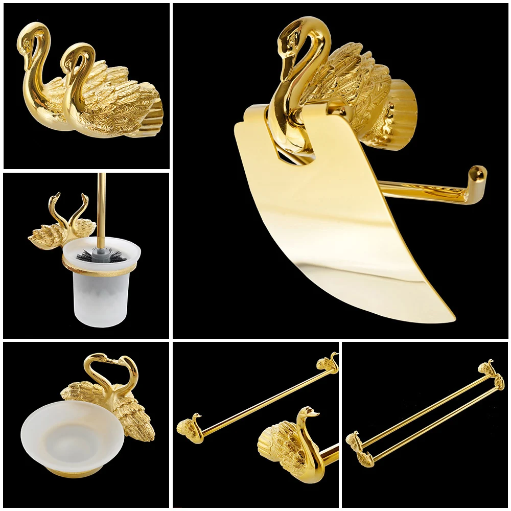 Preise Bad Zubehör Bad Hardware Set Goldene Farbe Swan Wc Papier Halter Handtuch Rack Tissue Halter Rolle Papier Halter MB 0969A