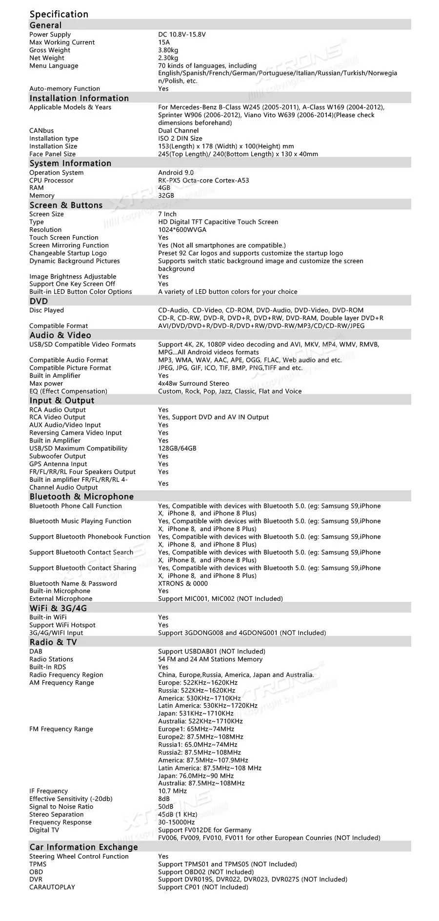 Excellent XTRONS 7"Android 9.0 Octa Core Car DVD Player for Mercedes Benz W245 W169 Viano Vito W639 Sprinter W906 2006-2008 2009 2010 2011 27