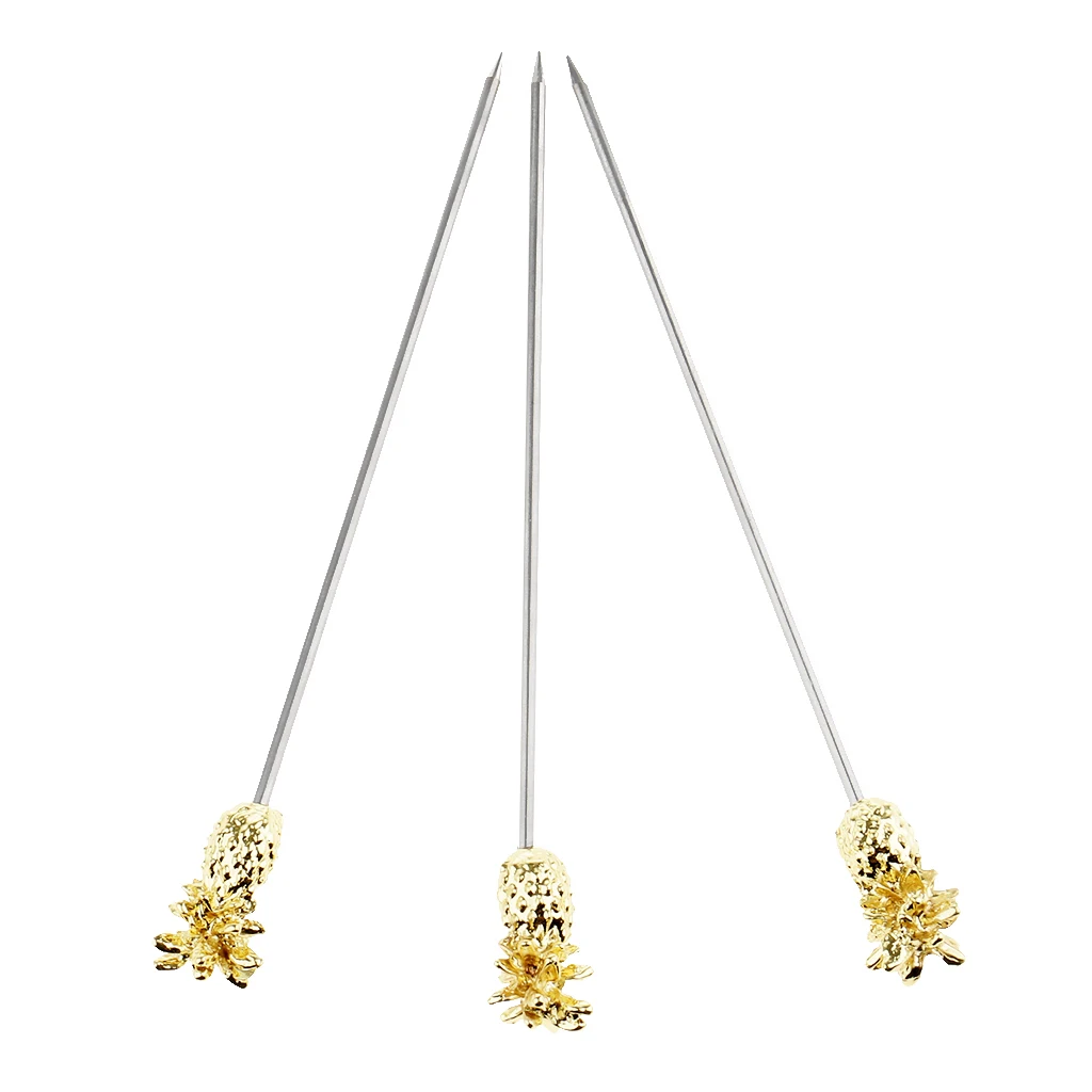 3PCS Stainless Steel Swizzle Sticks Fruit Pineapple Stick Cocktail Pick for Kitchen Bar Accessory Rose Gold