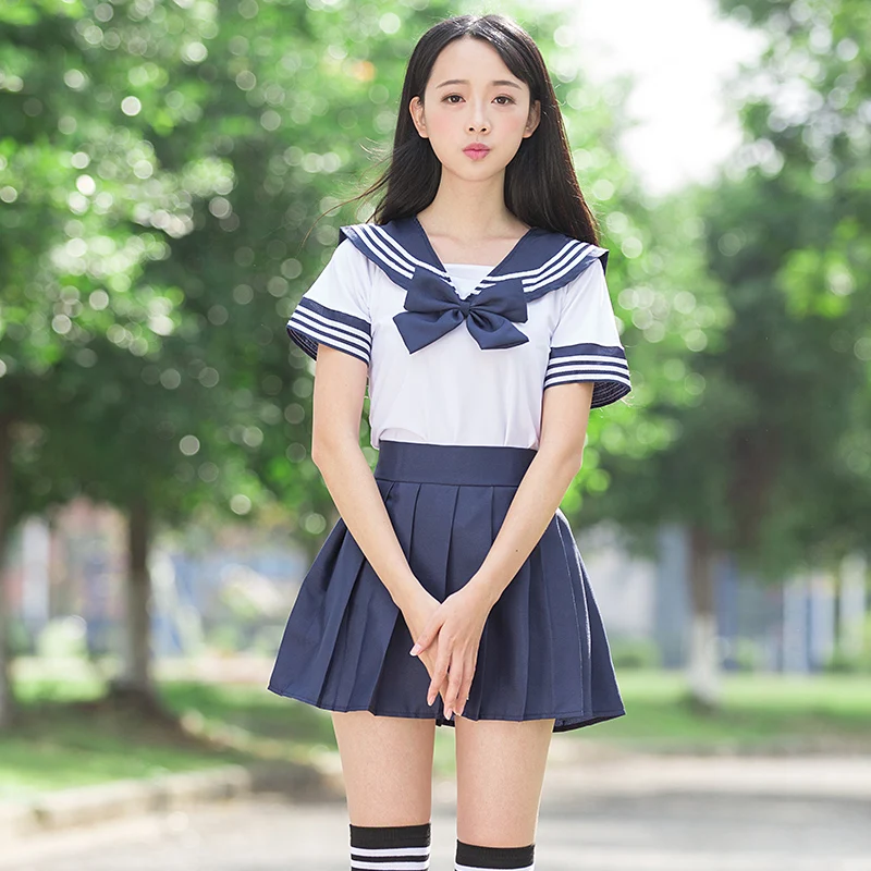 Sailor suit school uniform sets JK school uniforms for girls white shirt and dark blue skirt suits student Cosplay japanese school uniform