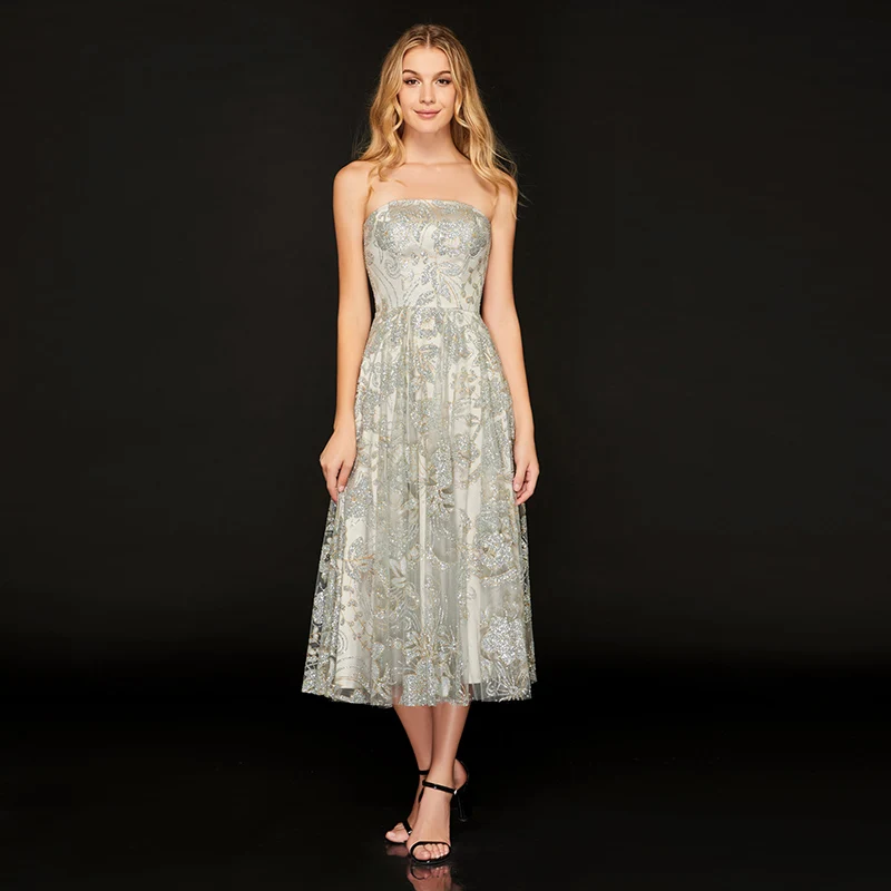 Tanpell strapless cocktail dress gray draped sleeveless tea length a