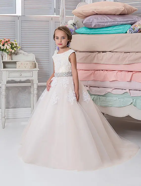 

High Quality Custom Flower Girls Dress 2017 Champagne Tulle Lace Ball Gown First Holly Communion Dress Any Size