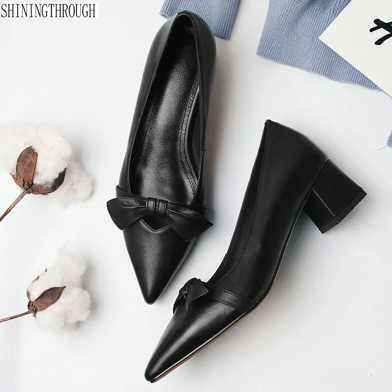 

Sweet genuine leather 4.5cm high heels woman pumps poined Toe dress Shoes Woman Comfortable Slip on Women Shoes